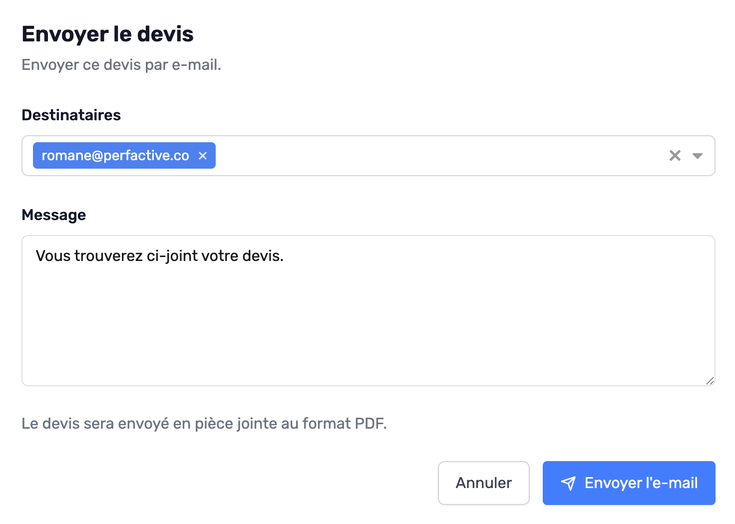 Modal d'envoi du devis par email