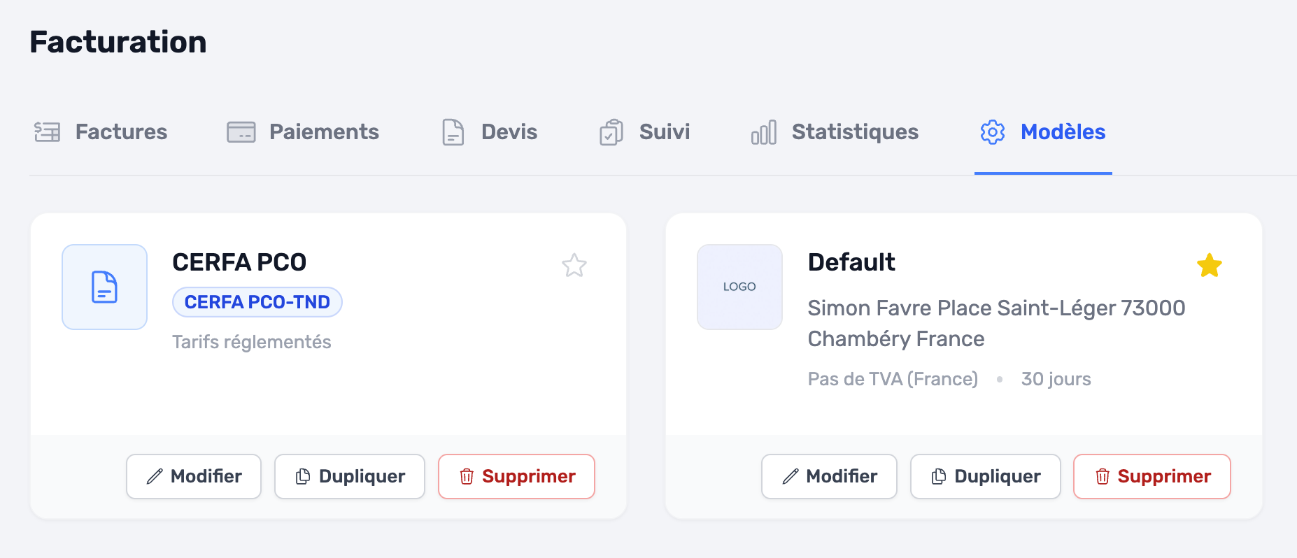 Sélecteur du modèle de facturation par défaut