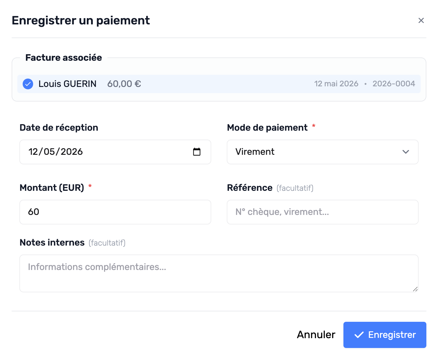 Modal d'enregistrement de paiement