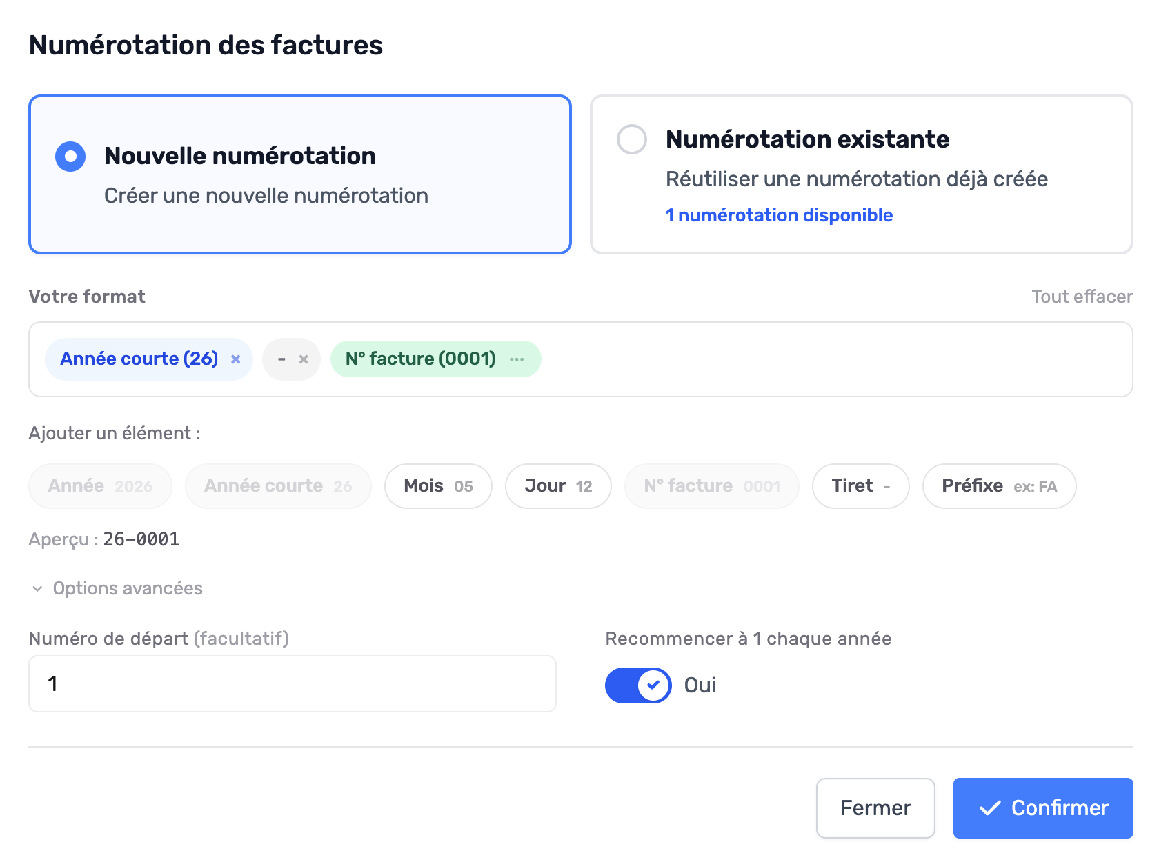 Format de numérotation des factures avec variables