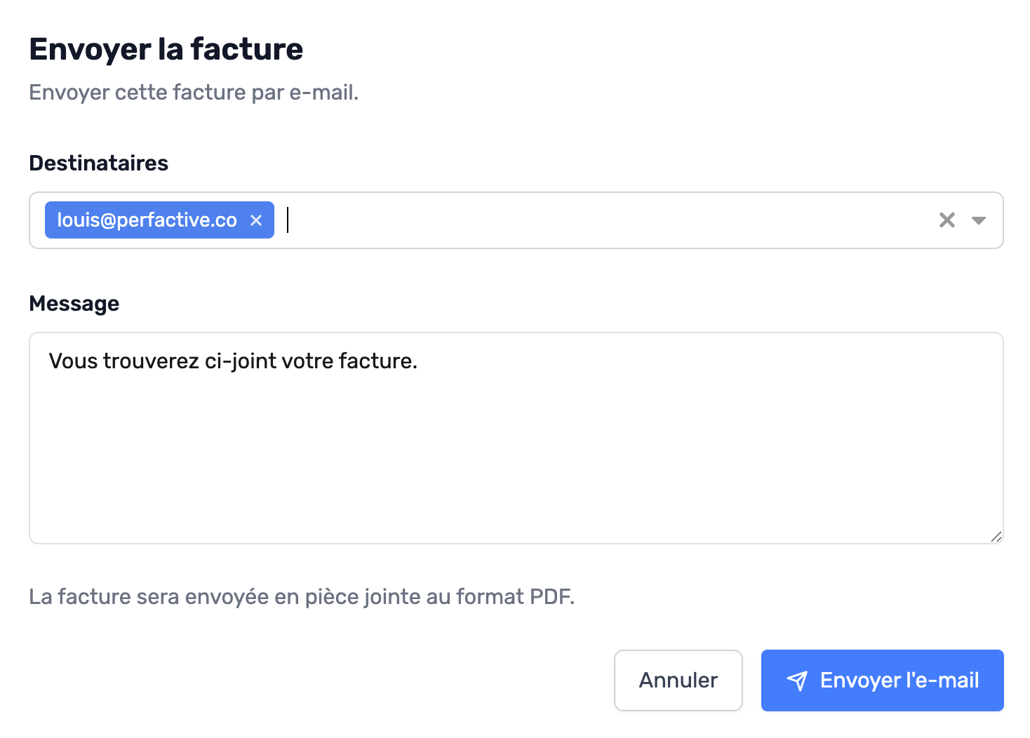 Modal d'envoi de la facture par email