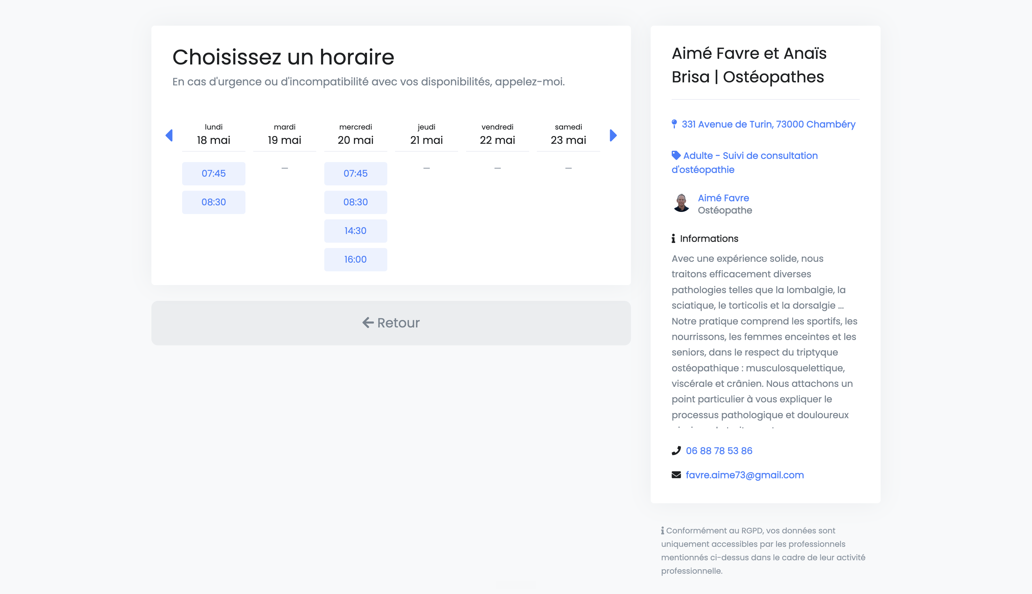 Calendrier des créneaux disponibles