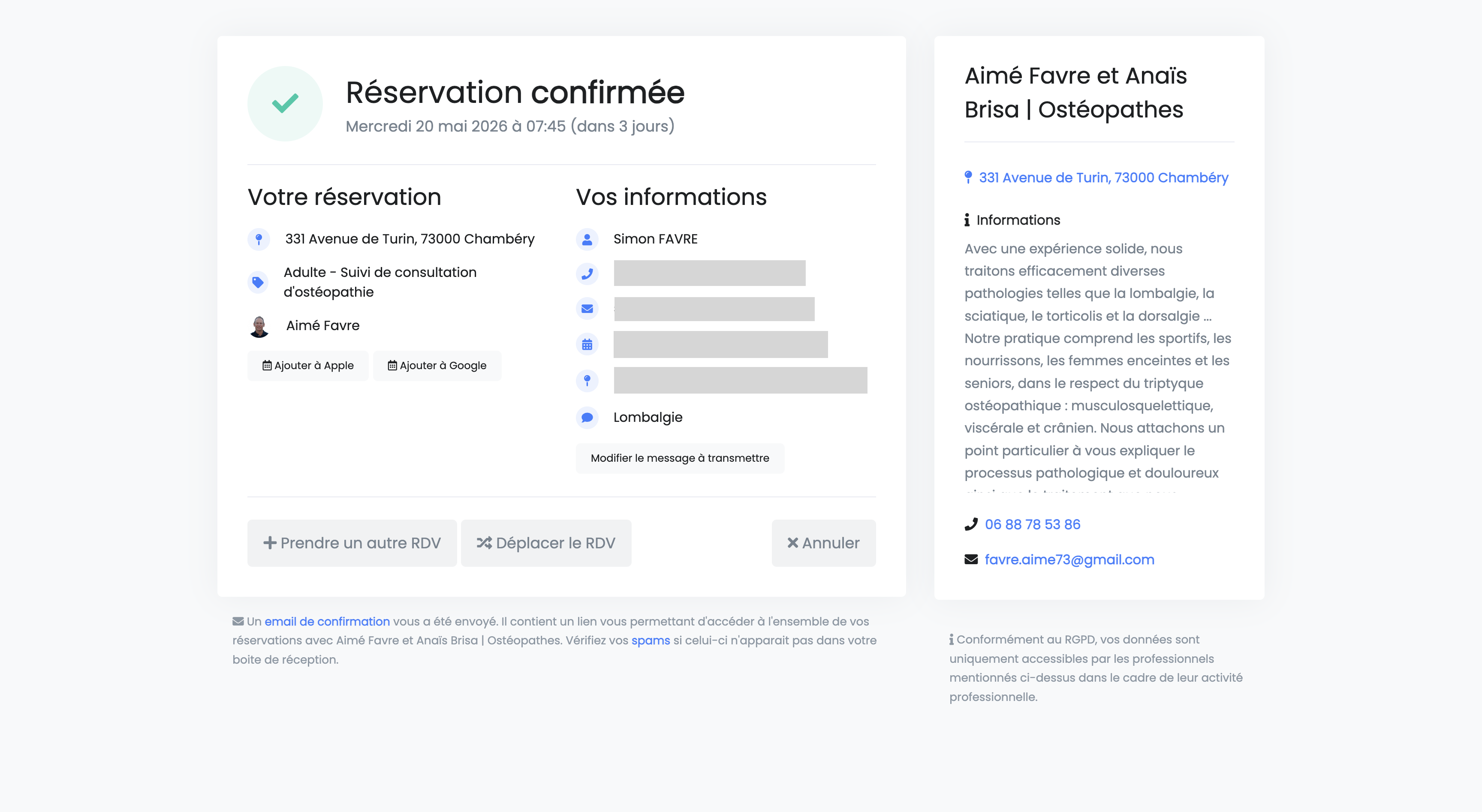 Page Réservation confirmée avec le récapitulatif et les actions disponibles