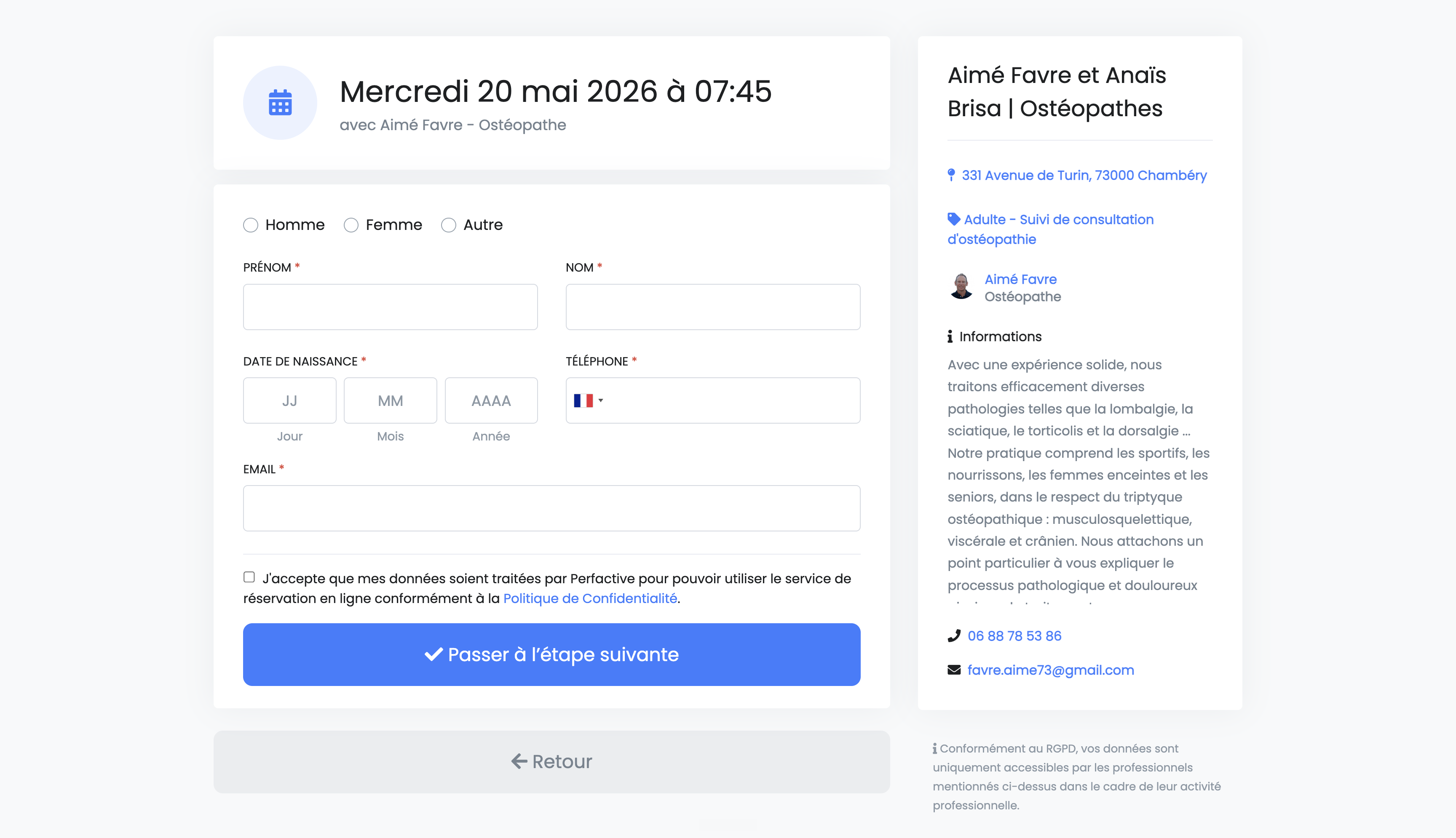 Formulaire de saisie des informations patient